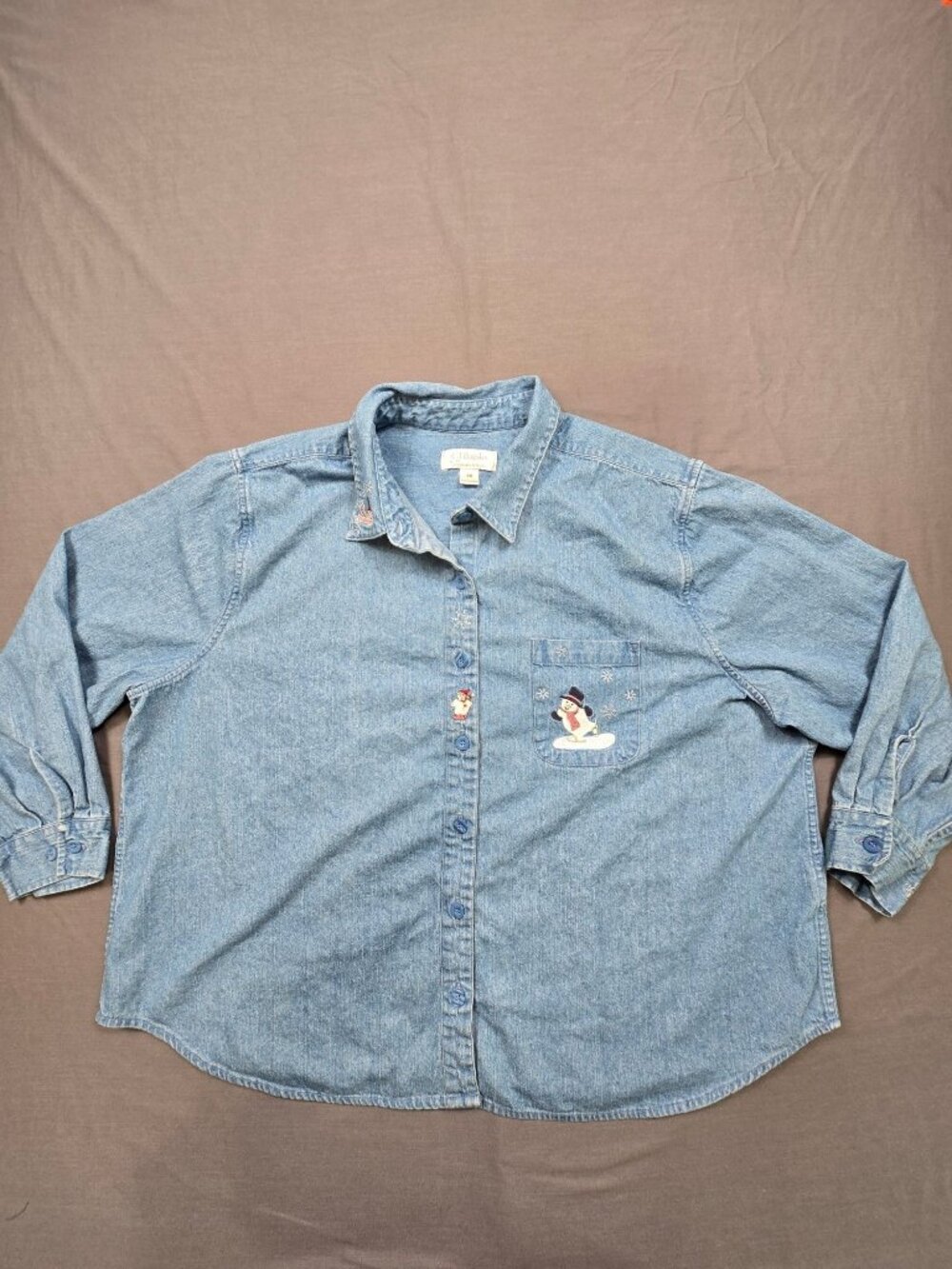CJ Banks 3X Long Sleeve Denim Button-Up Shirt Snowman Embroidery Blue Holiday